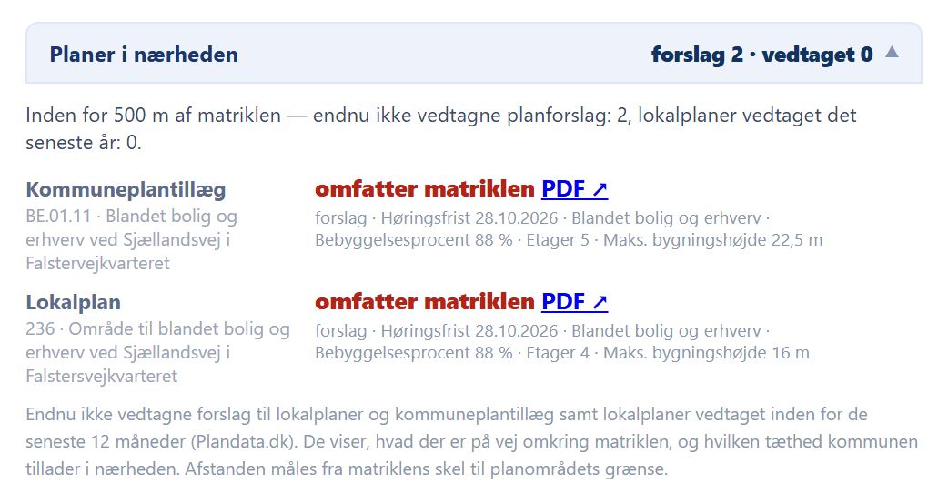 Sektionen Planer i nærheden i devcheck for en matrikel i Middelfart: forslag til kommuneplantillæg BE.01.11 og forslag til lokalplan 236, begge med høringsfrist 28.10.2026 og bebyggelsesprocent 88 %