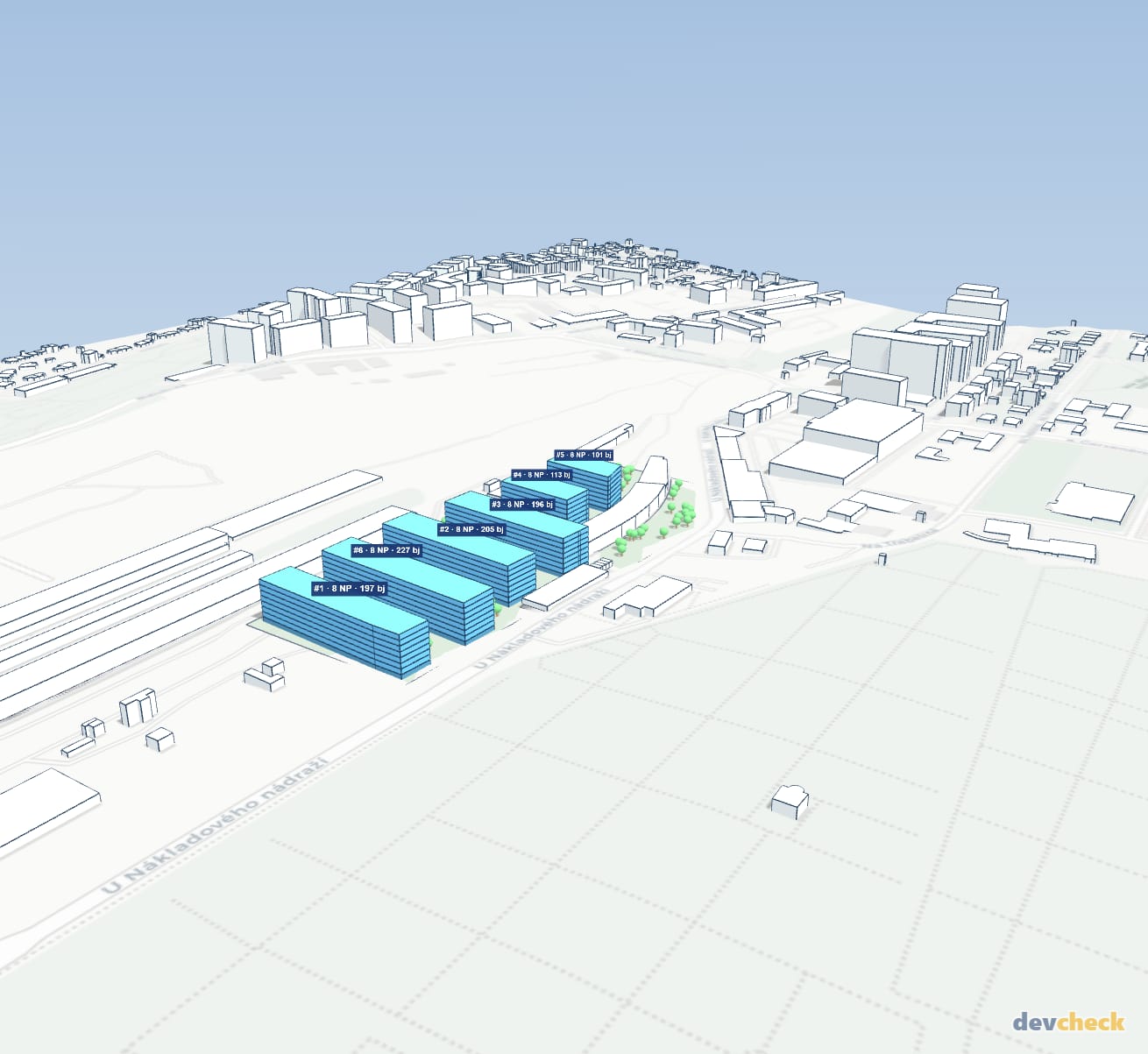 Objemová studie ve 3D – šest bytových bloků na parcele Nákladového nádraží Žižkov nad reálným okolím