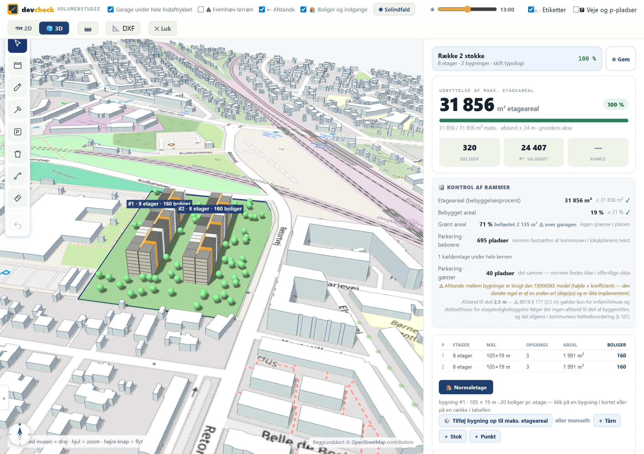 Volumenstudie i Devcheck – tom byggegrund matr. 3188b i Valby: to boligblokke i 8 etager i 3D med omgivende bebyggelse, 31 856 m² etageareal og 320 boliger