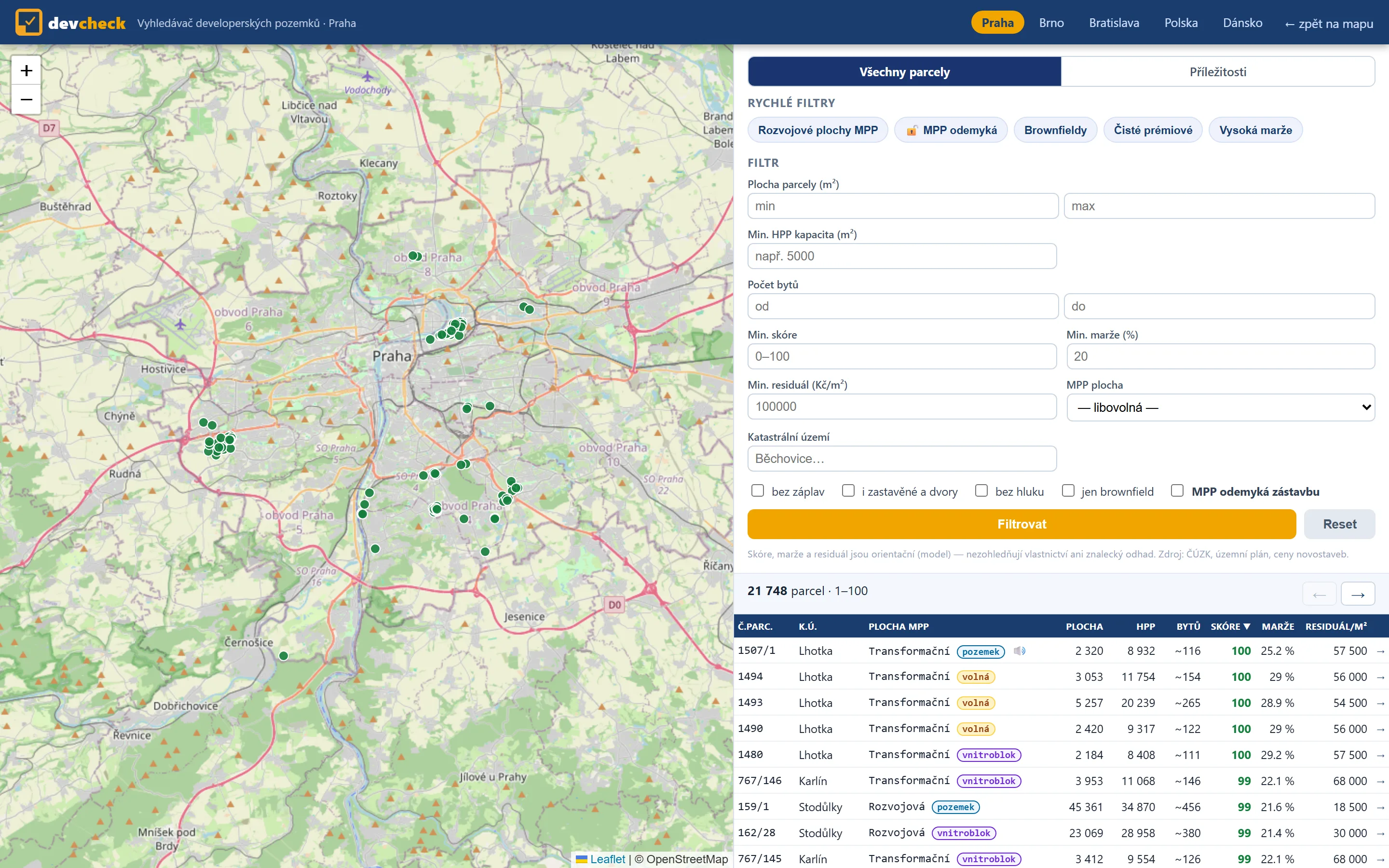 Vyhledávač pozemků v Devchecku – Praha: mapa s nalezenými parcelami a tabulka s plochou, HPP, počtem bytů, skóre, marží, reziduální hodnotou a typem příležitosti (proluka, pozemek, nástavba)