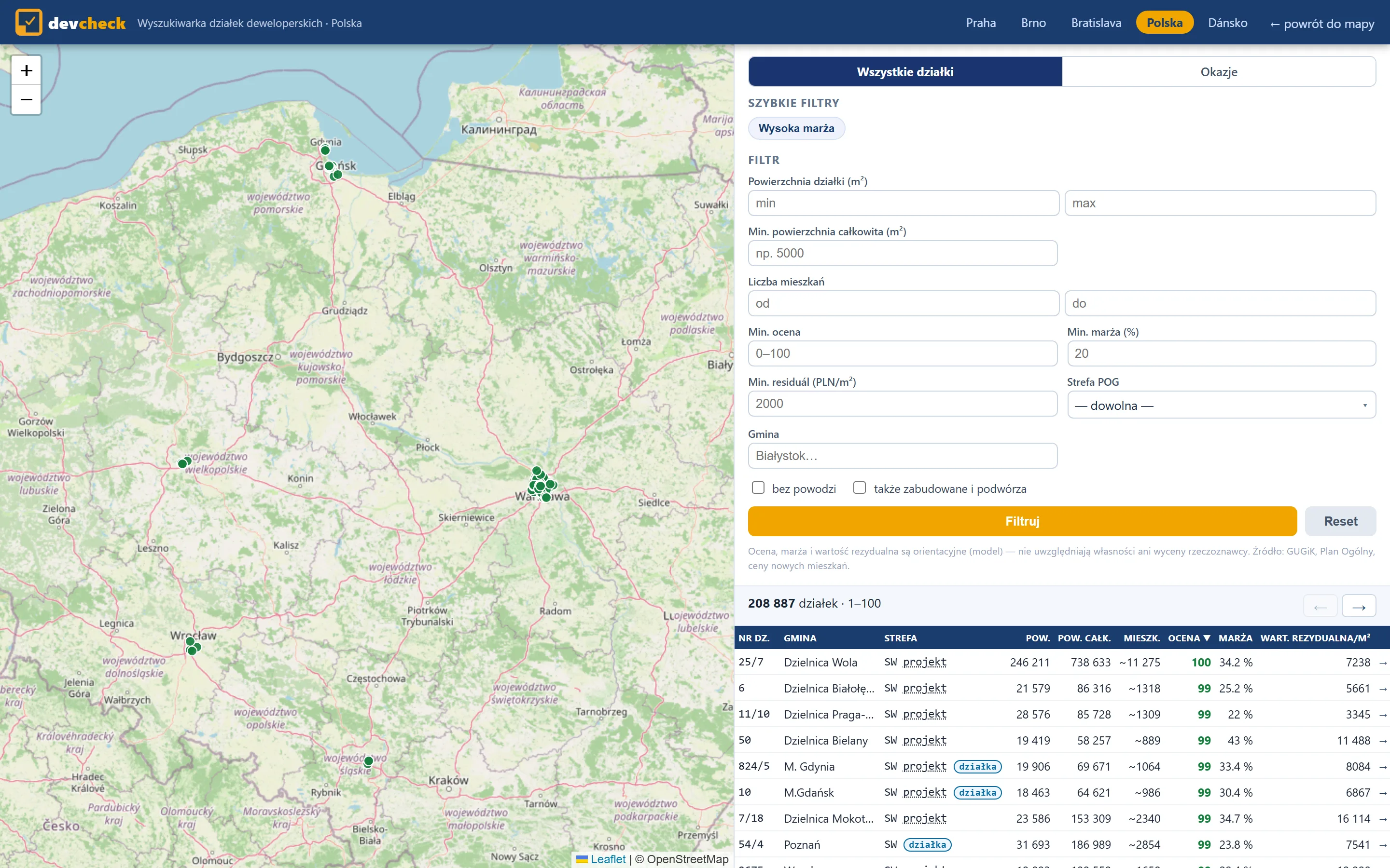 Wyszukiwarka działek w devchecku: mapa Polski z wynikami i tabela z gminą, strefą planu ogólnego, powierzchnią, oceną, marżą i wartością rezydualną